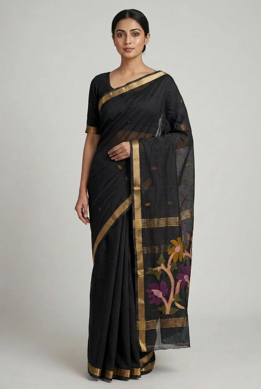 Woman wearing a black saree with gold border and floral patterns on a plain background