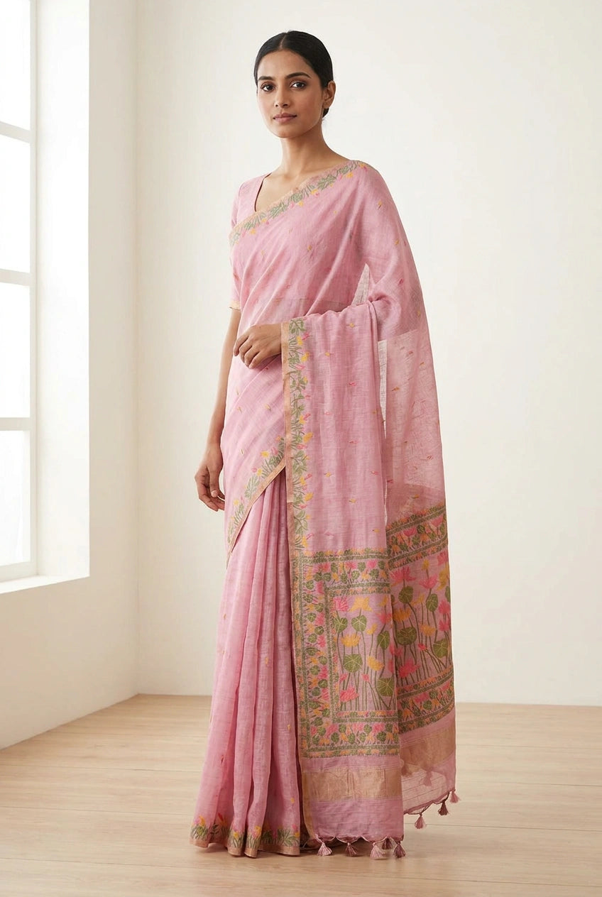Woman wearing a pink saree with a white background