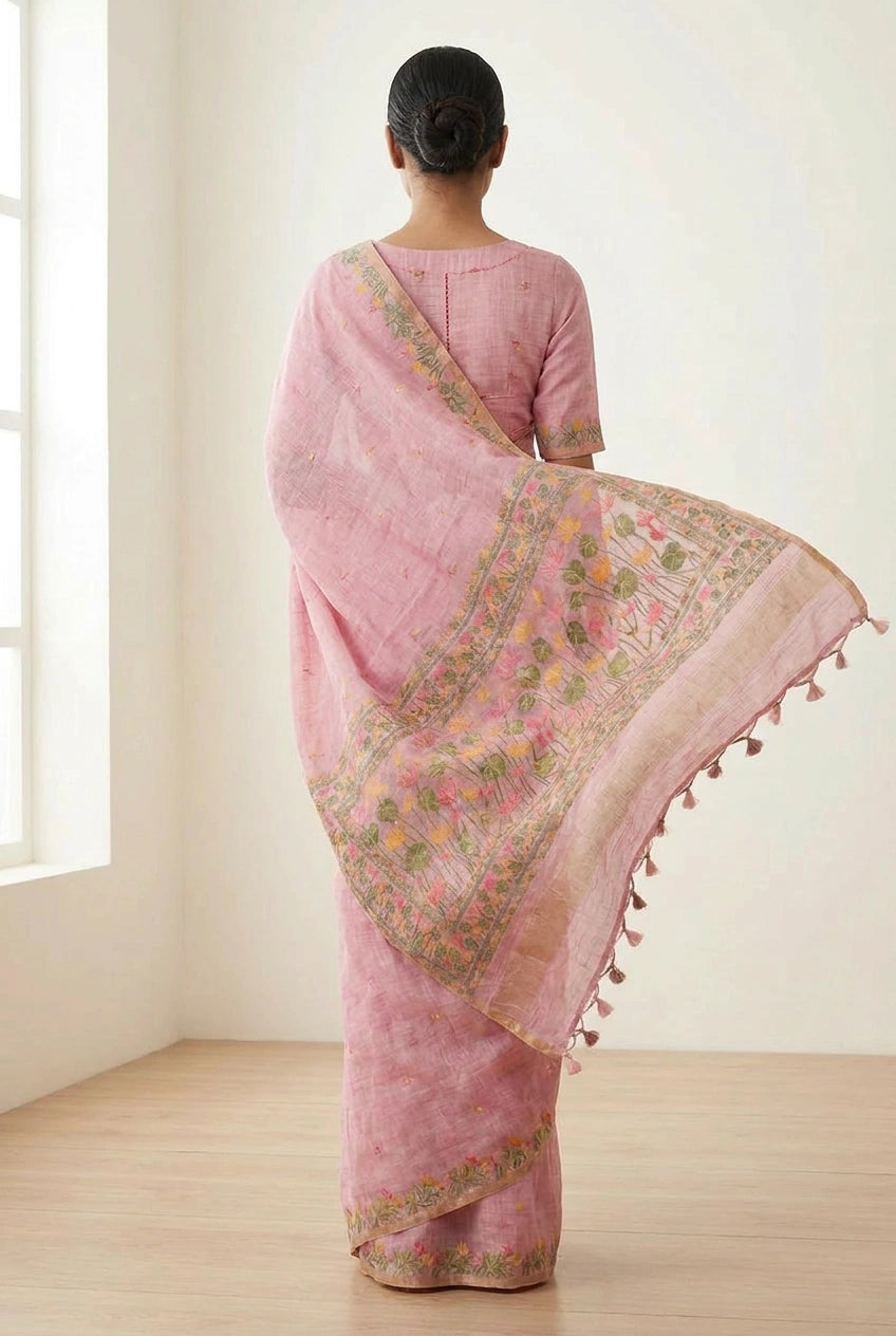 Woman wearing a pink saree with floral patterns and tassels in a minimalistic setting.