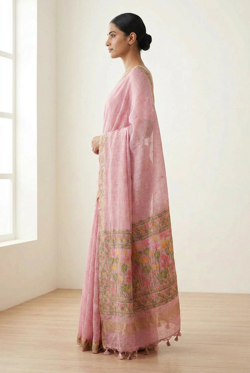 Woman wearing a pink traditional outfit with a patterned border in a minimalistic room.