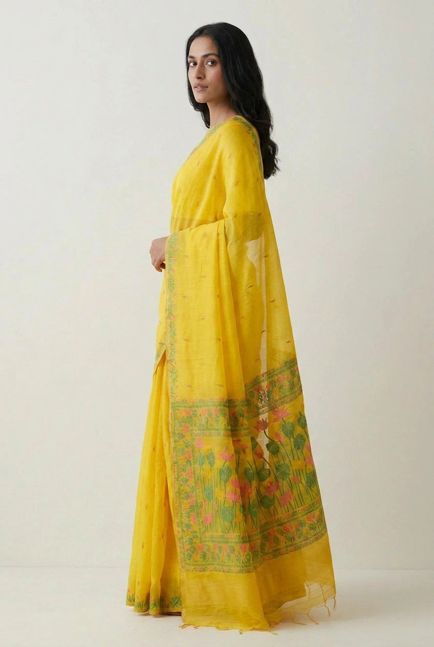 Woman wearing a yellow saree with a floral border on a white background