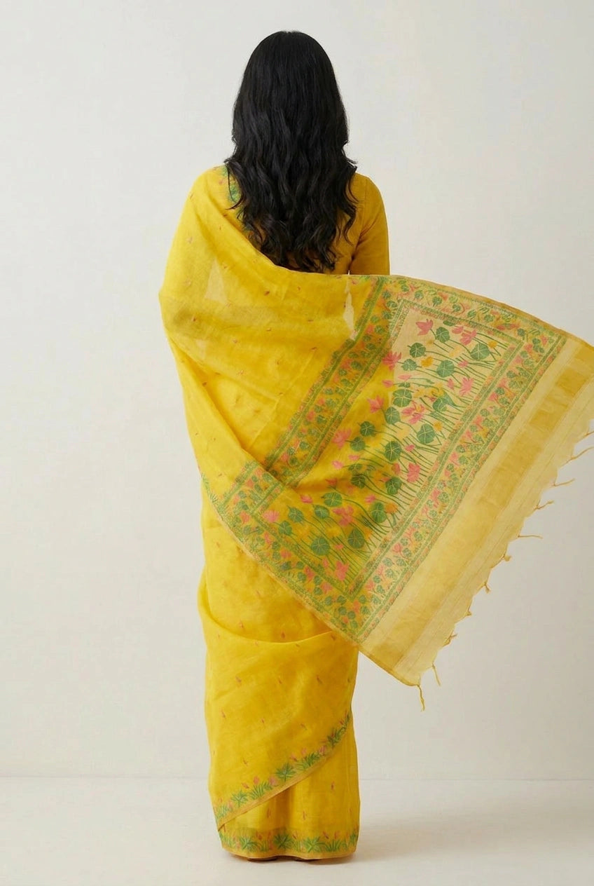 Woman wearing a yellow saree with a floral border on a white background