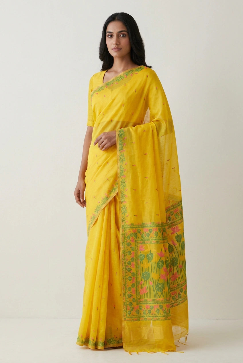 Woman wearing a yellow saree with green and pink floral patterns on a white background