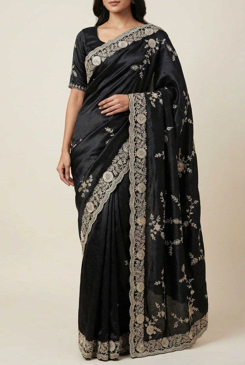 Black saree with intricate gold embroidery on a neutral background