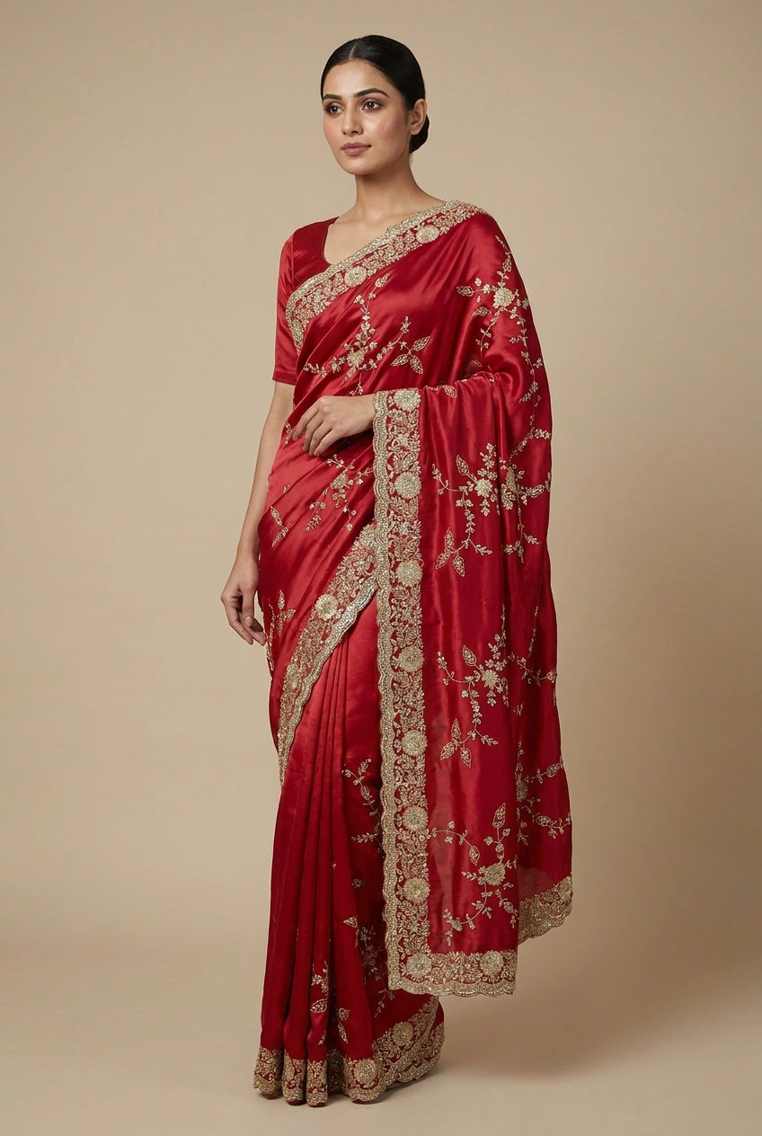 Woman wearing a red saree with gold embroidery on a beige background