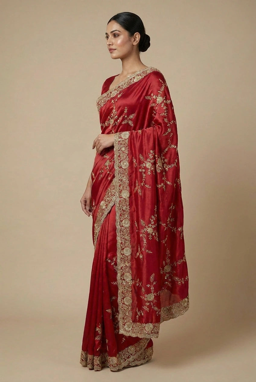 Red saree with gold embroidery on a beige background