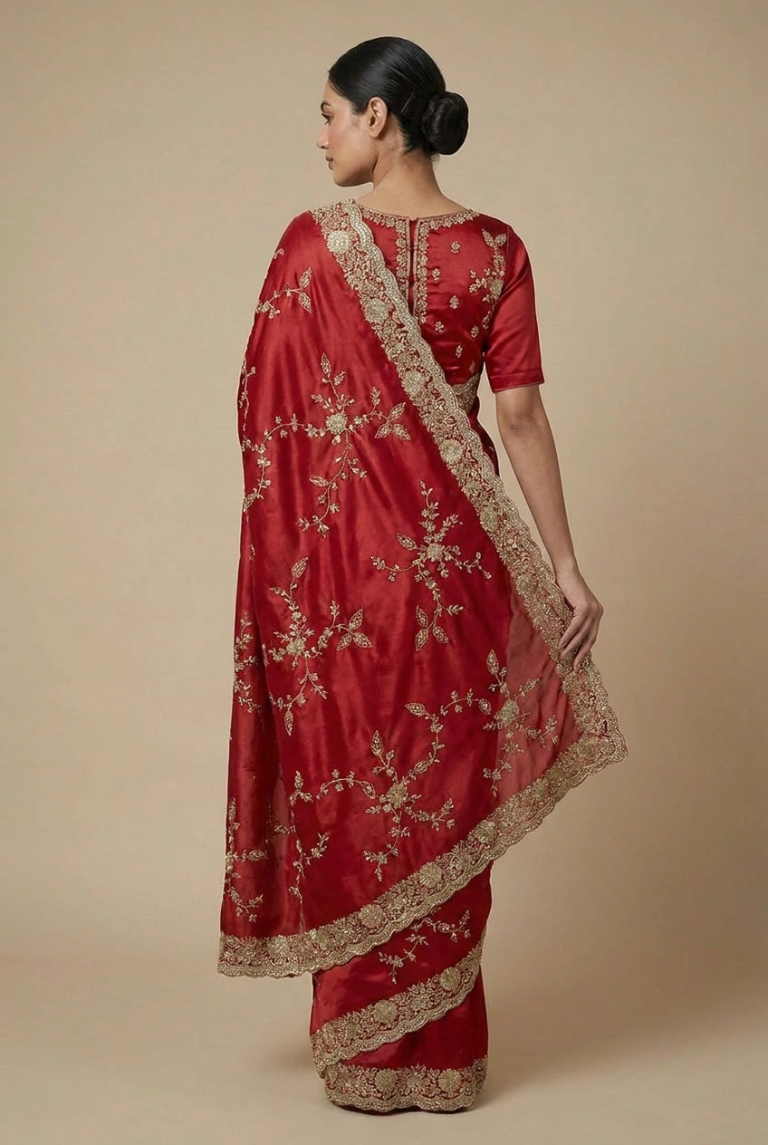Woman wearing a red saree with gold embroidery on a beige background