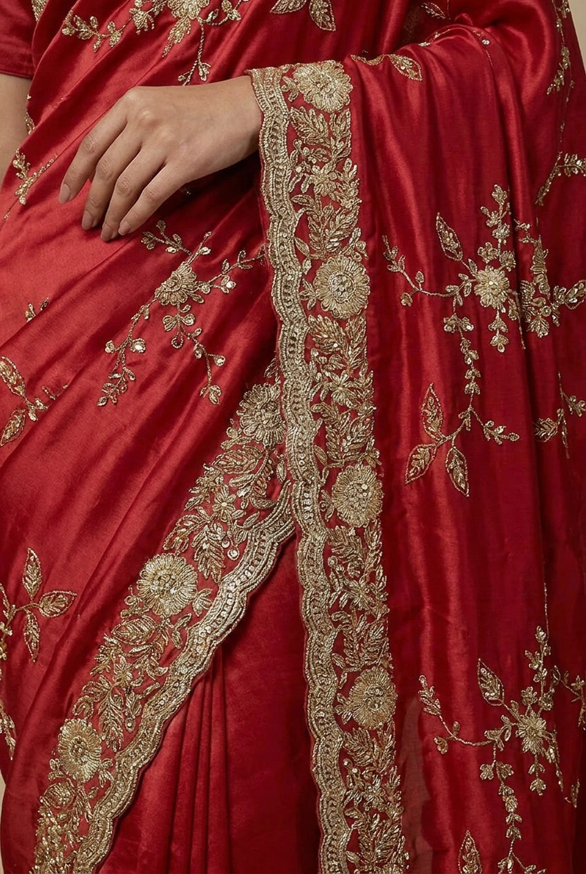 Red saree with gold embroidery