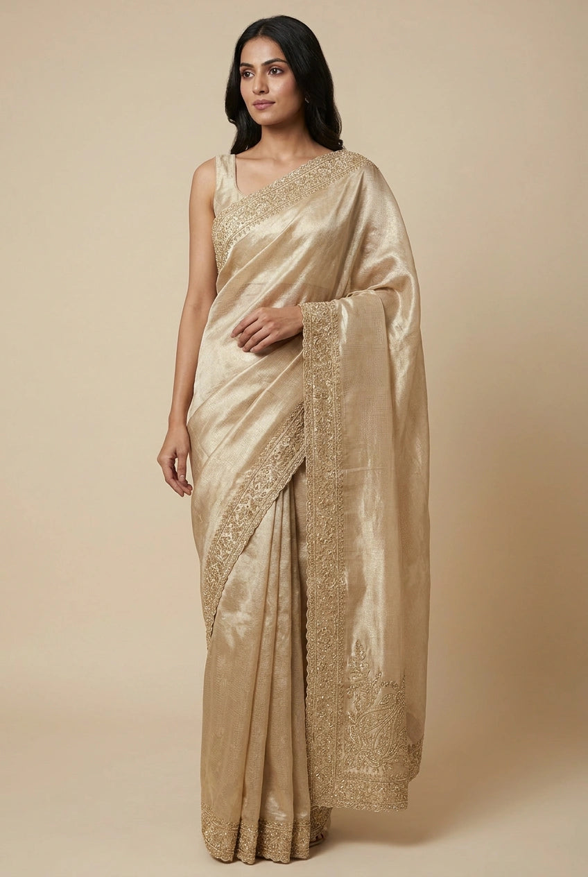 Woman wearing a beige saree with intricate patterns on a beige background