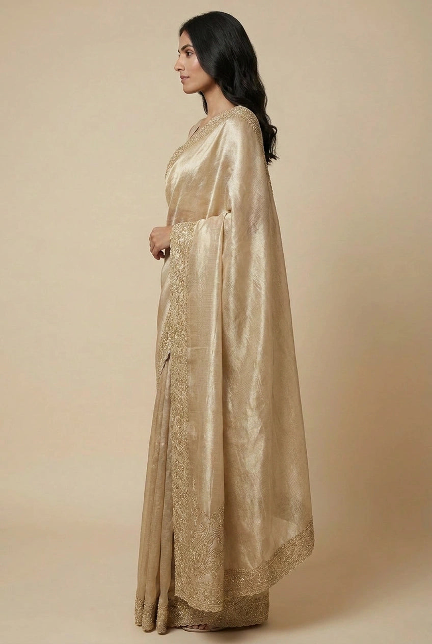 Woman wearing a gold traditional outfit with a plain background