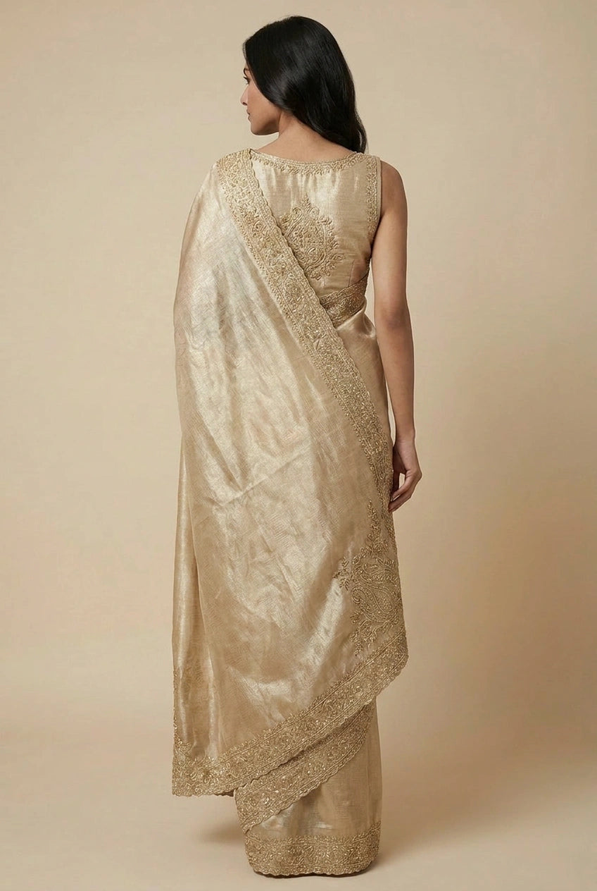 Woman wearing a gold saree with a plain background
