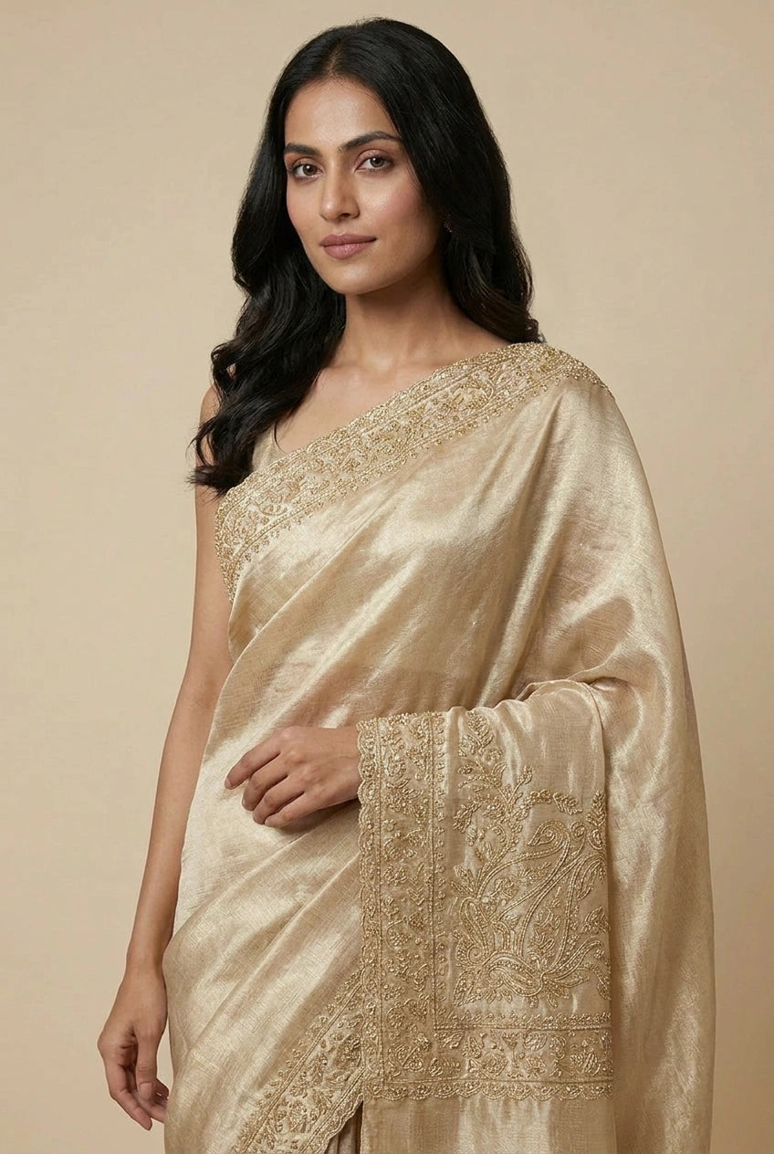 Woman wearing a beige saree with intricate patterns on a beige background
