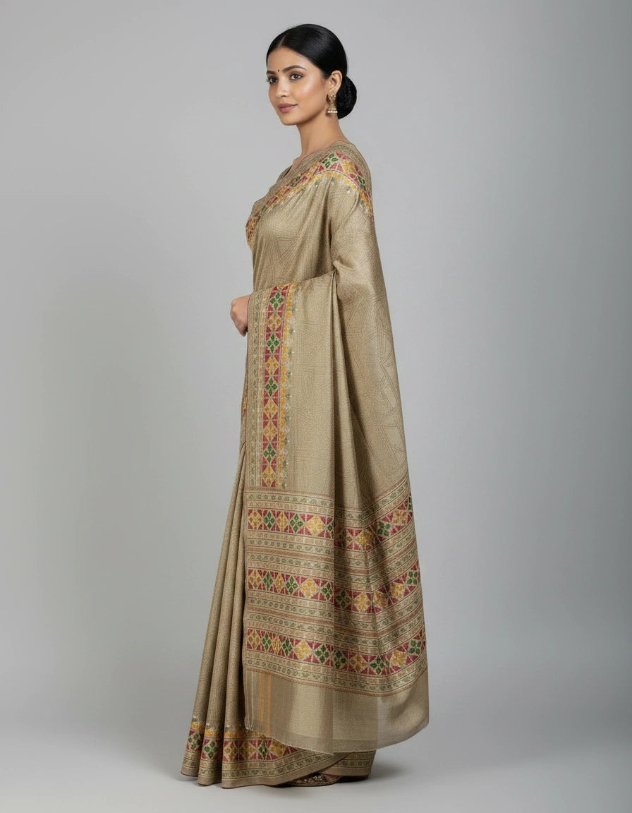 Woman wearing a beige saree with floral patterns on a plain background