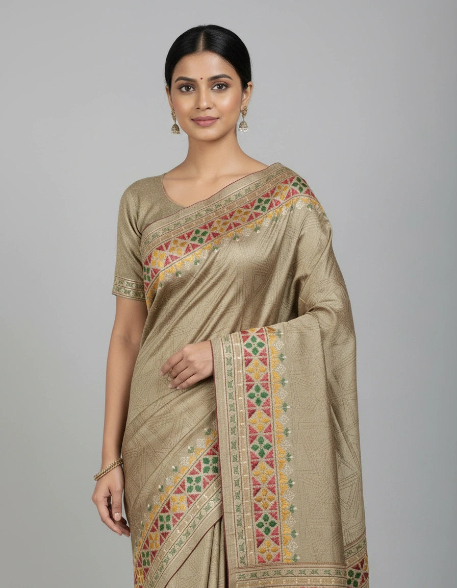 Woman wearing a beige saree with colorful patterns on a gray background