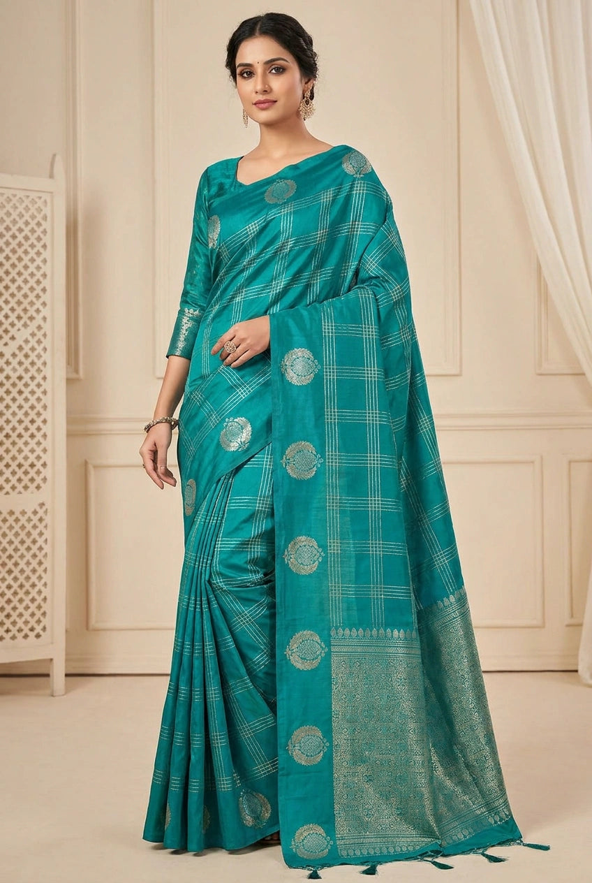 Woman wearing a teal saree with a white background