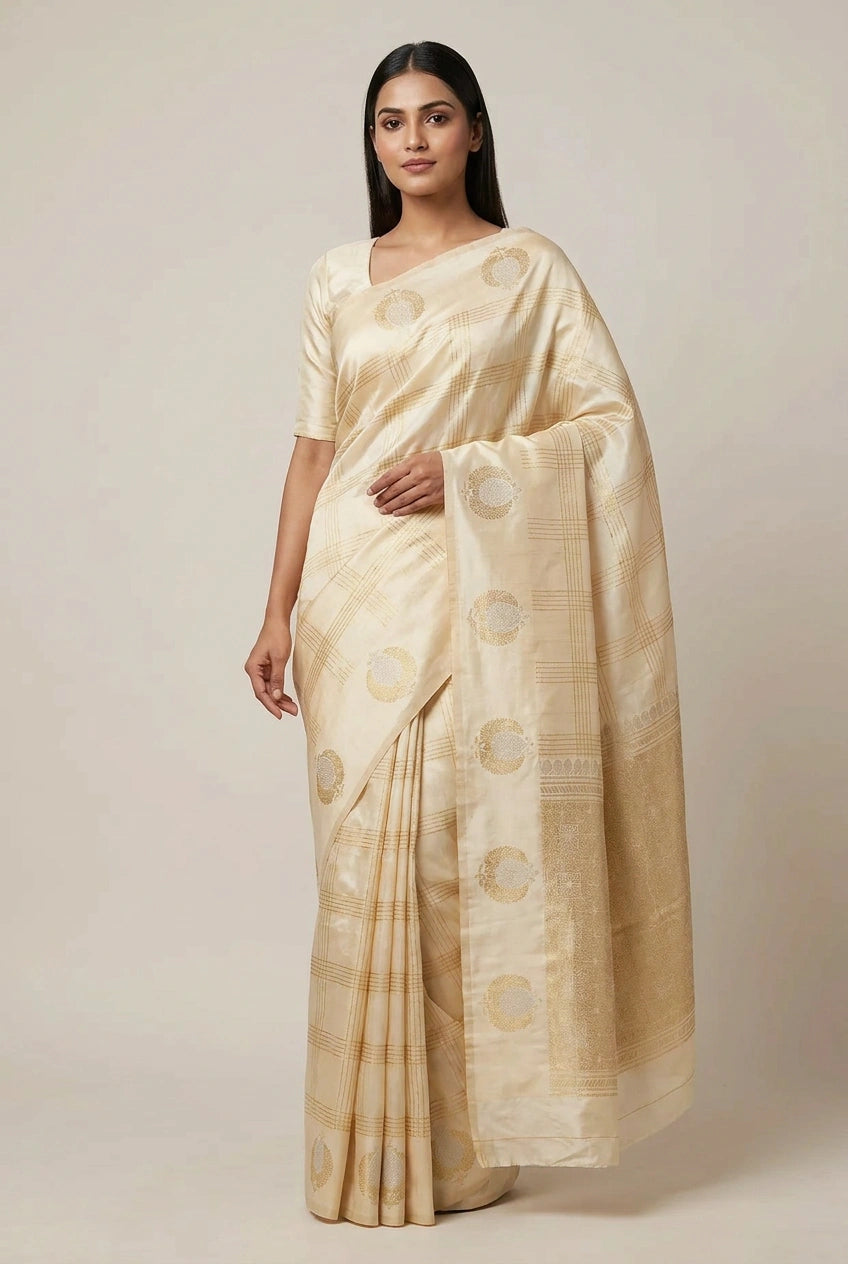 Woman wearing a beige saree with a subtle pattern on a plain background