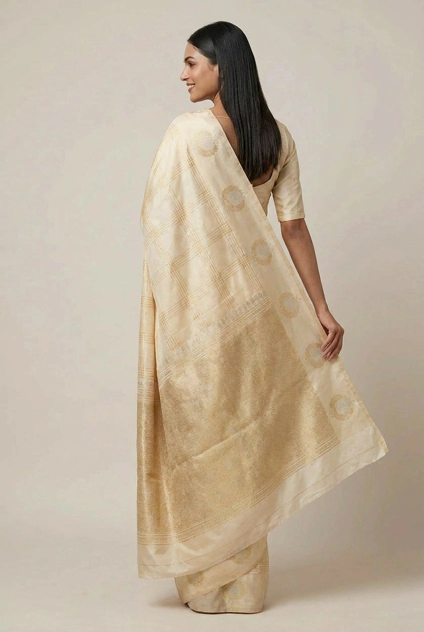 Woman wearing a beige saree with a subtle pattern on a plain background