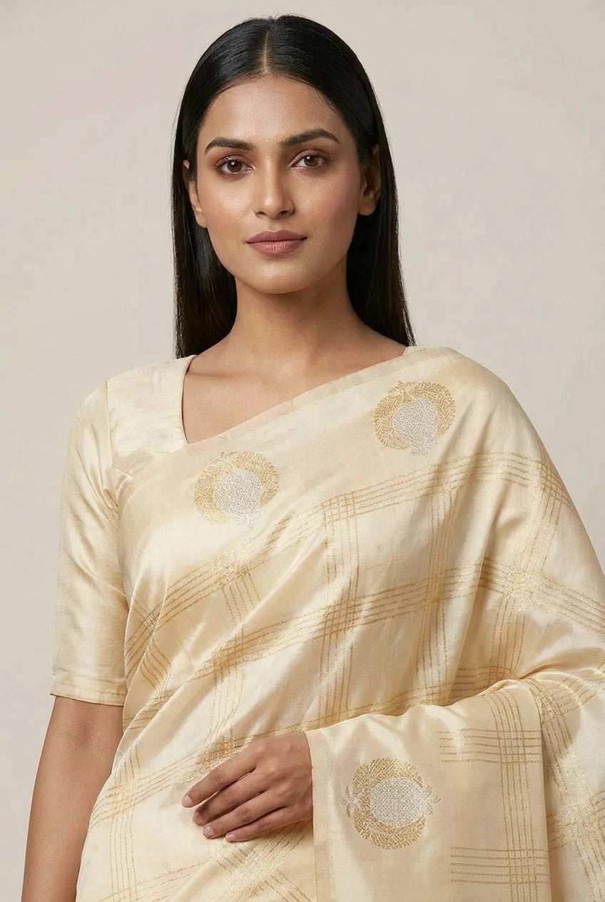 Woman wearing a cream saree with intricate patterns on a plain background