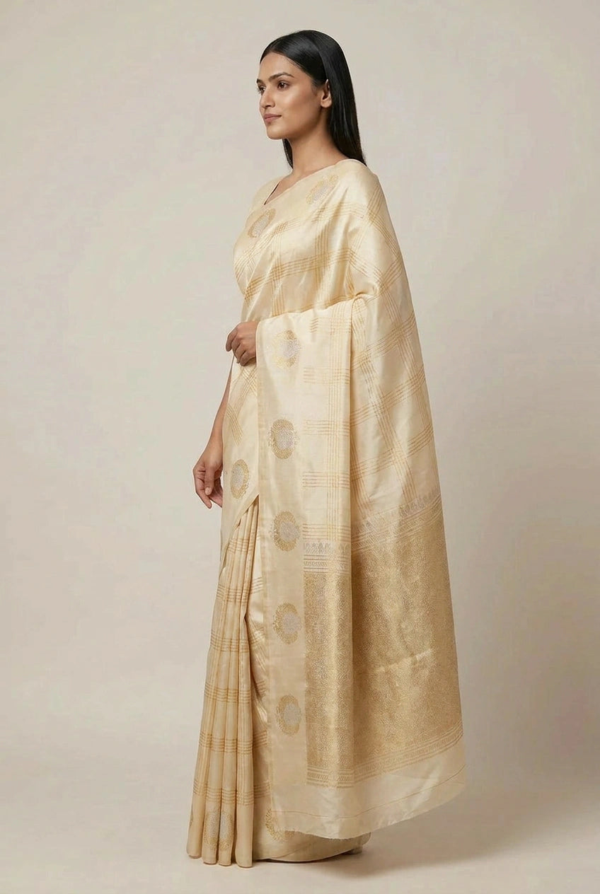 Woman wearing a gold saree with a subtle pattern on a plain background