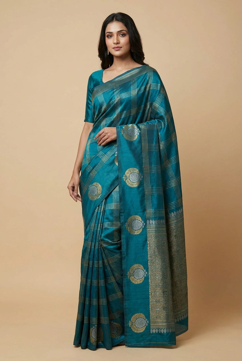 Woman wearing a teal saree with gold patterns on a beige background