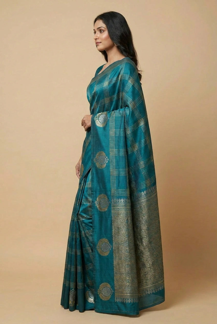 Woman wearing a teal saree with a beige background