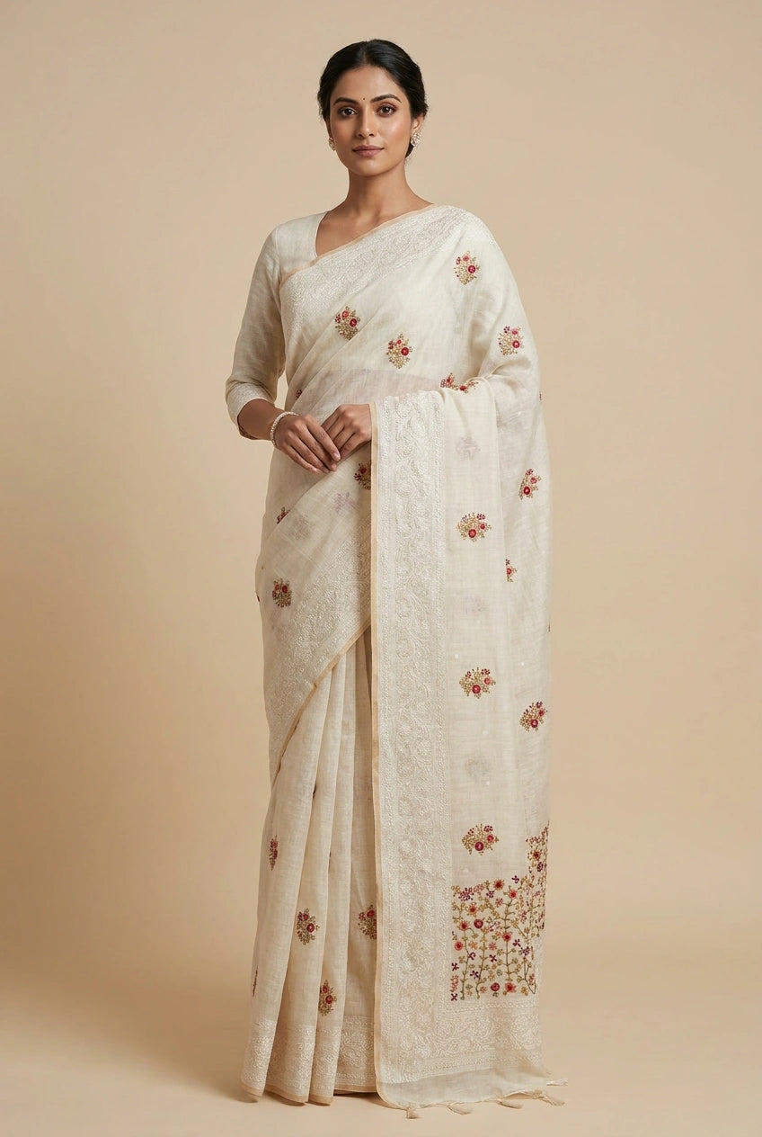 Embroidered Linen Tissue Embroidery Saree