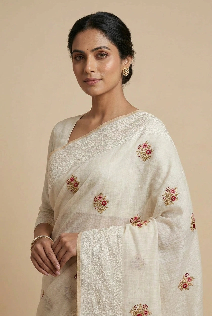 Woman wearing a white saree with floral patterns on a beige background