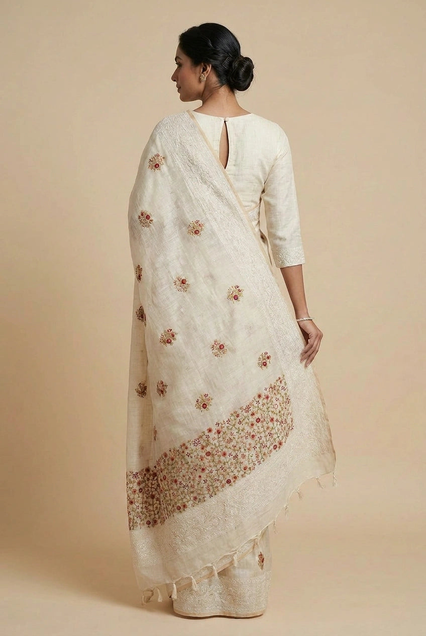 Woman wearing a white saree with floral patterns on a beige background