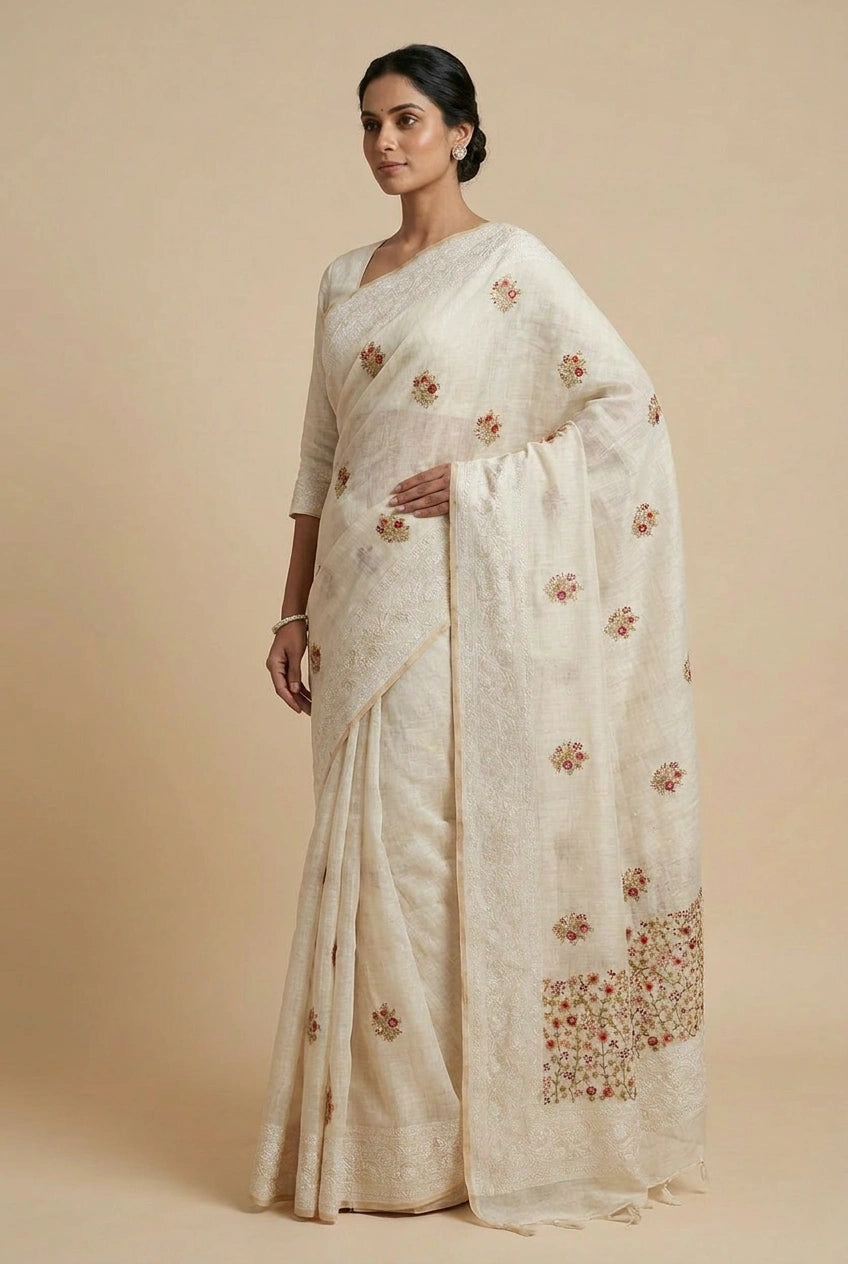 Woman wearing a white saree with floral patterns on a beige background