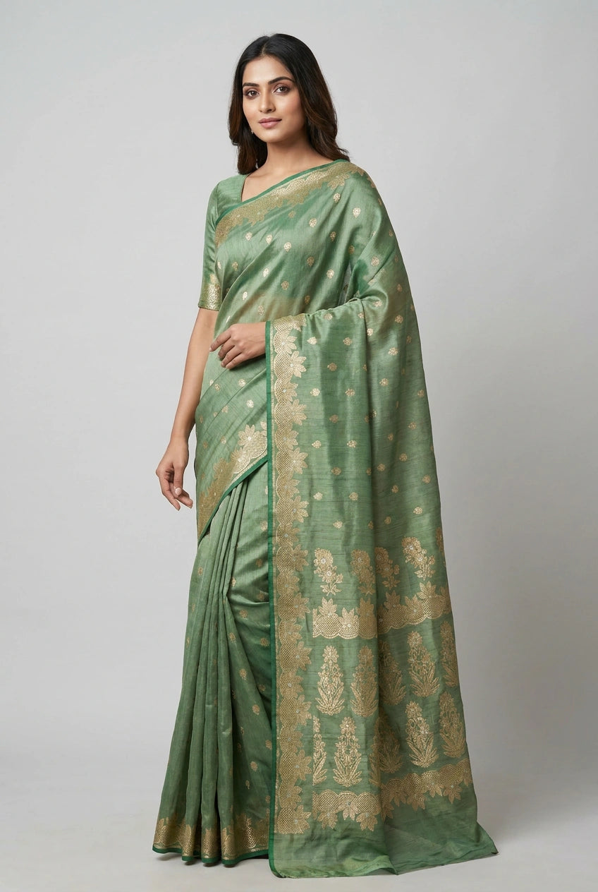 Woman wearing a green saree with a white background