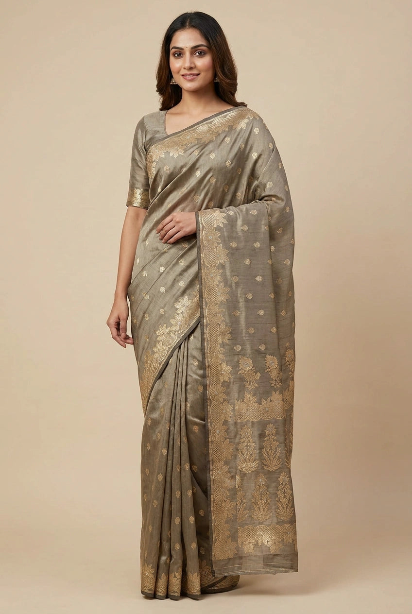 Woman wearing a traditional saree with a beige background