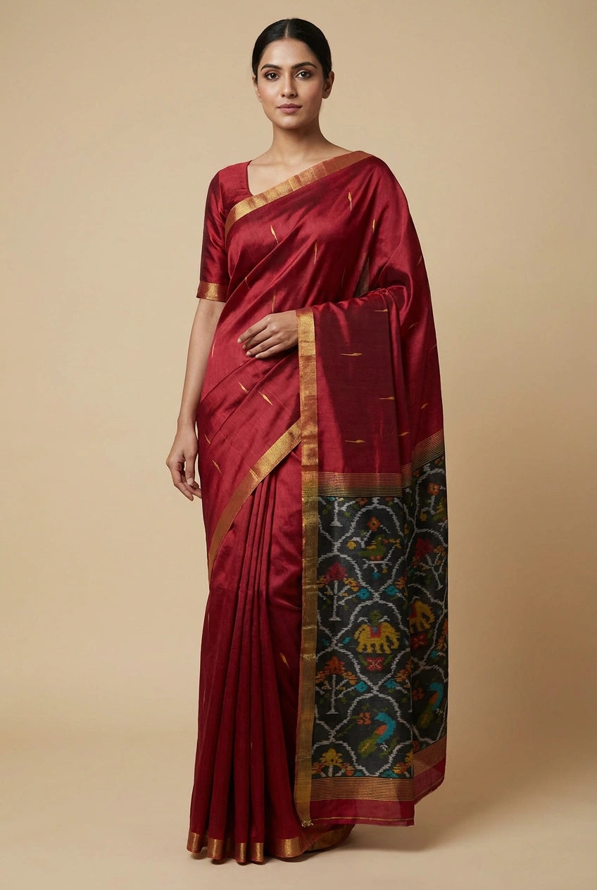 Woman wearing a maroon saree with a gold border on a beige background