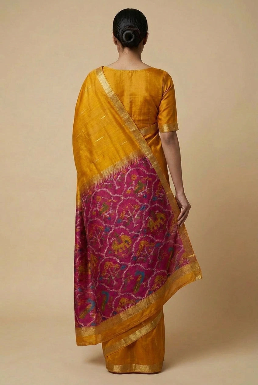 Woman wearing a yellow and pink saree with a beige background