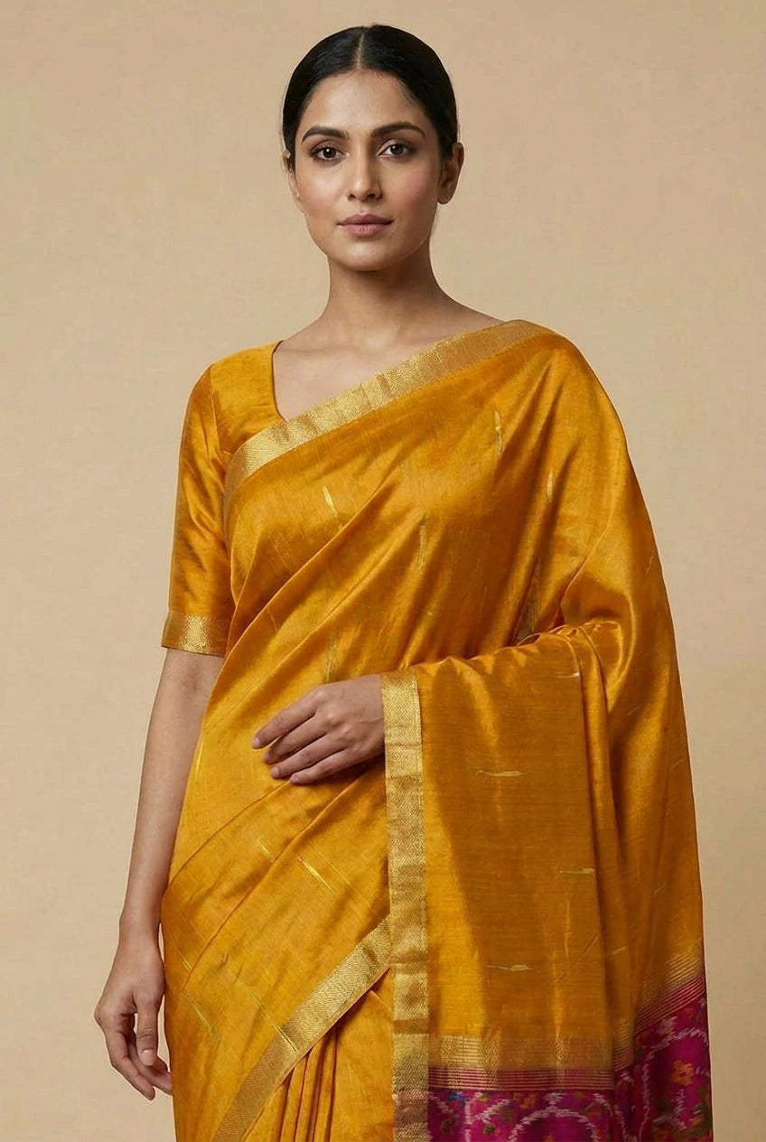 Woman wearing a mustard yellow saree with a plain background