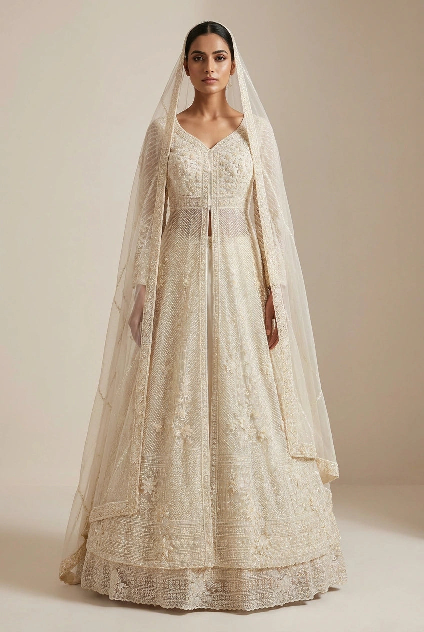 Ivory Embroidered Lehenga Achkan with Dupatta