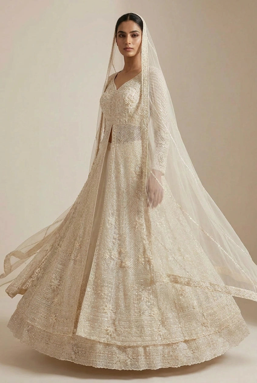 Ivory Embroidered Lehenga Jacket Set with Dupatta