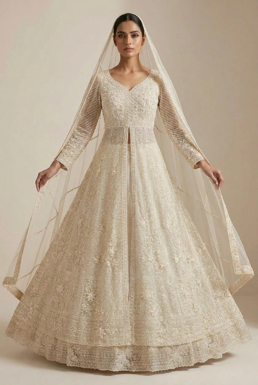 Ivory Embroidered Lehenga Jacket Set with Dupatta