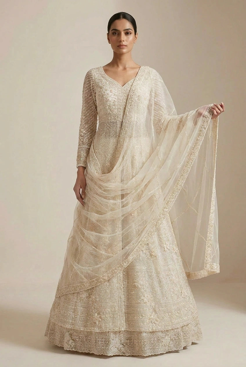 Ivory Embroidered Lehenga Jacket Set with Dupatta