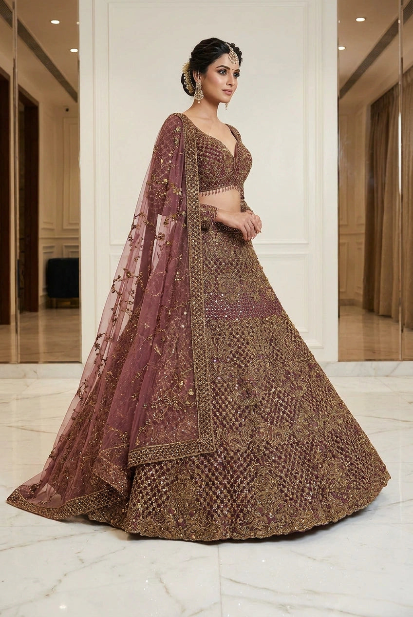 Wine Zari Embroidered Bridal Lehenga Set