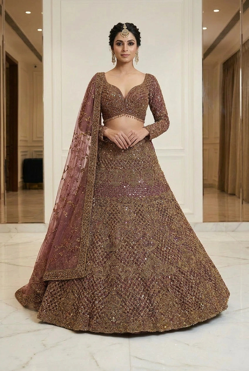 Regal Wine Zari Embroidered Bridal Lehenga Set