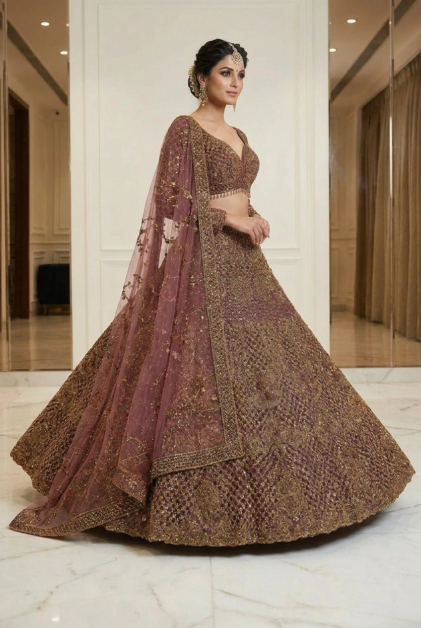 Wine Zari Embroidered Bridal Lehenga Set