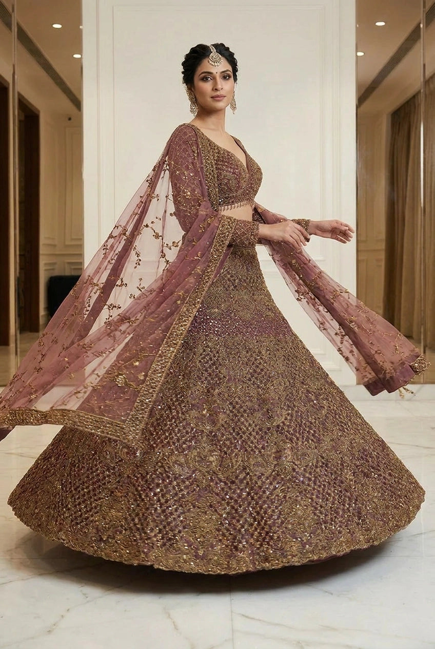 Wine Zari Embroidered Bridal Lehenga Set