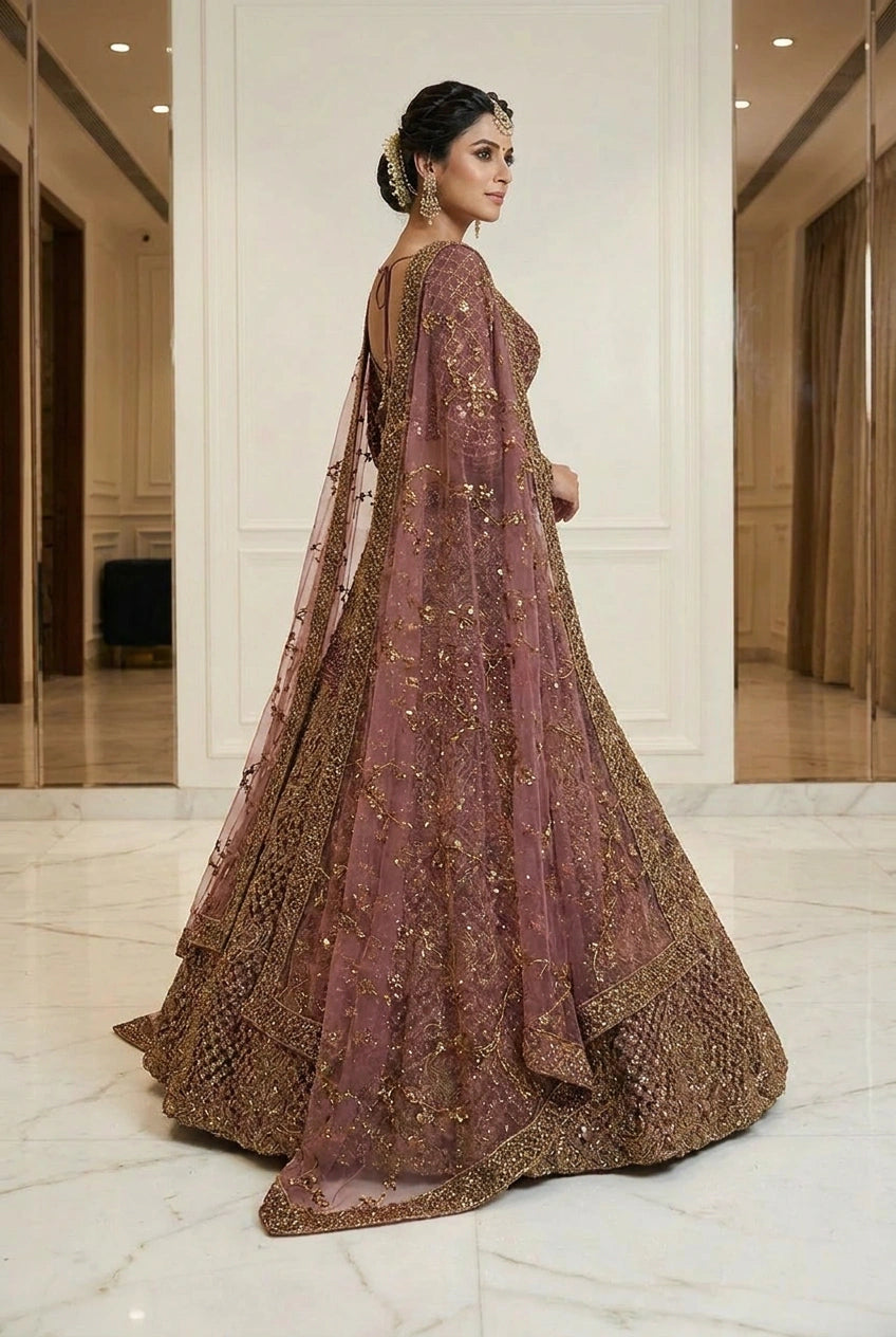 Wine Zari Embroidered Bridal Lehenga Set