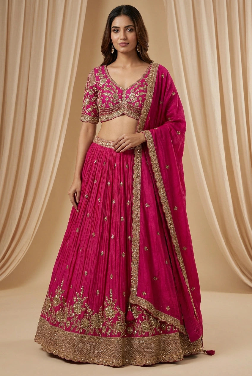 Woman wearing a pink embroidered traditional outfit with a beige curtain background