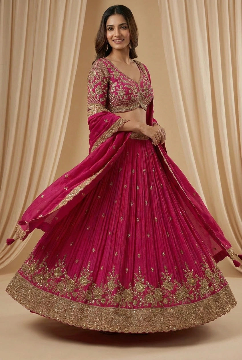 Woman wearing a pink embroidered traditional outfit against a beige curtain background