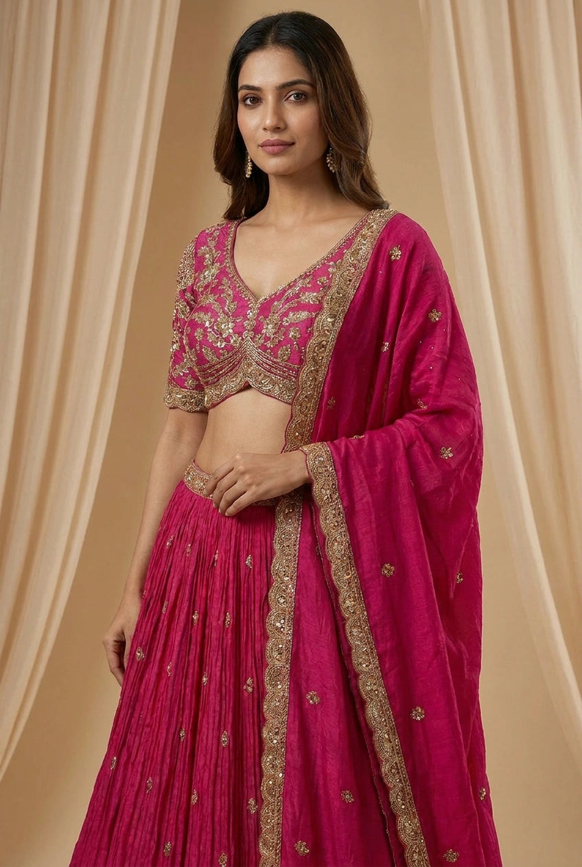 Woman wearing a pink traditional outfit with gold embroidery against a beige curtain background