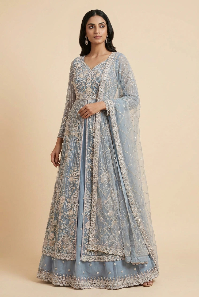 Powder Blue Embroidered Net Lehenga Achkan Set with Dupatta