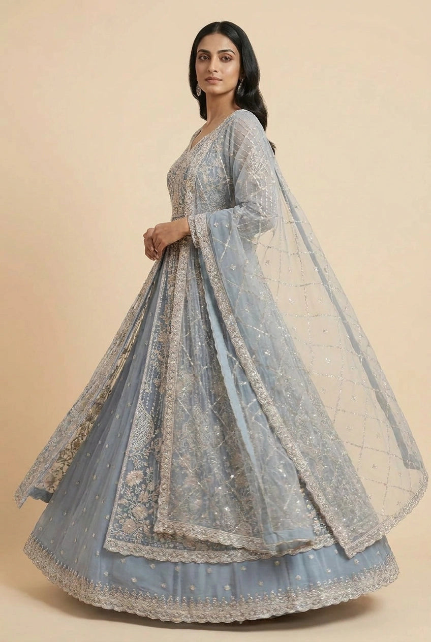 Powder Blue Embroidered Net Lehenga Achkan Set with Dupatta