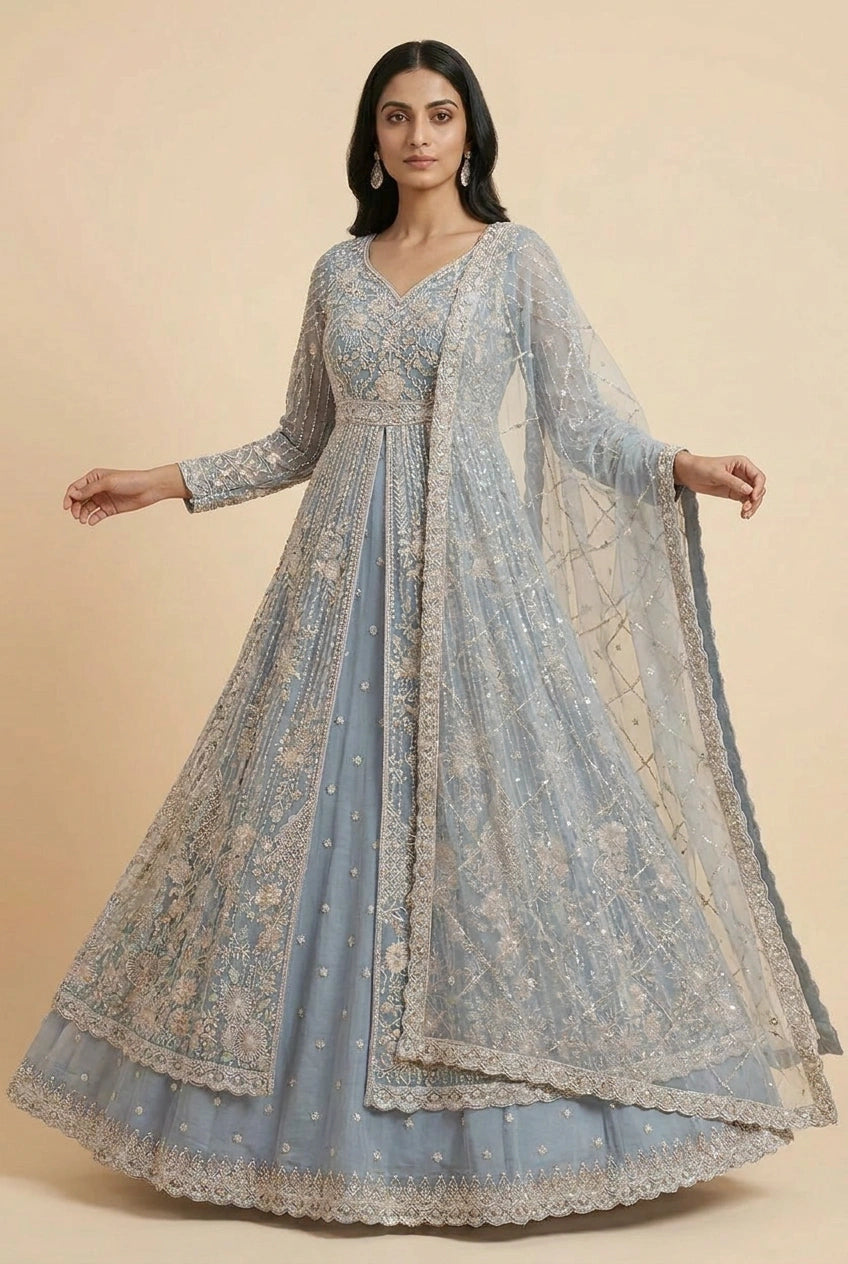 Powder Blue Embroidered Net Lehenga Achkan Set with Dupatta