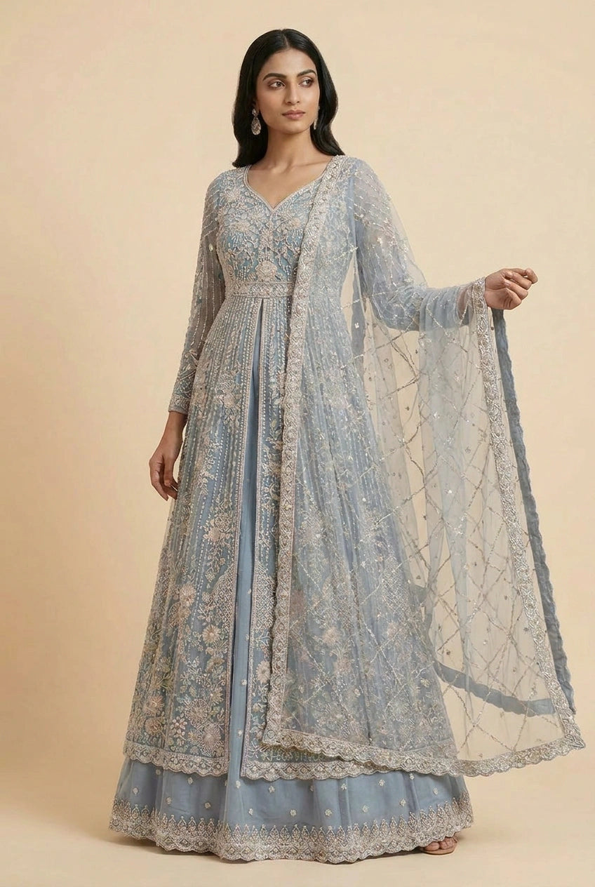 Powder Blue Embroidered Net Lehenga Achkan Set with Dupatta